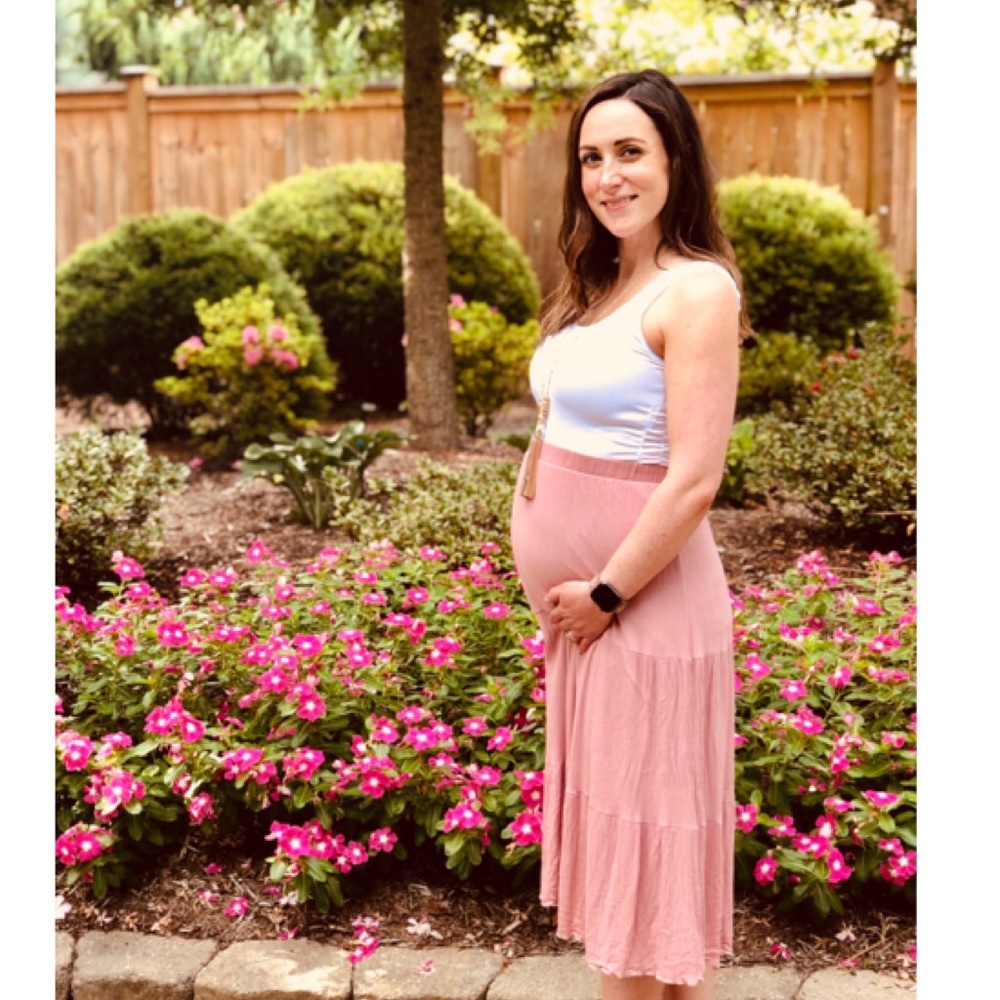 PinkBlush Maeve tiered maternity midi skirt